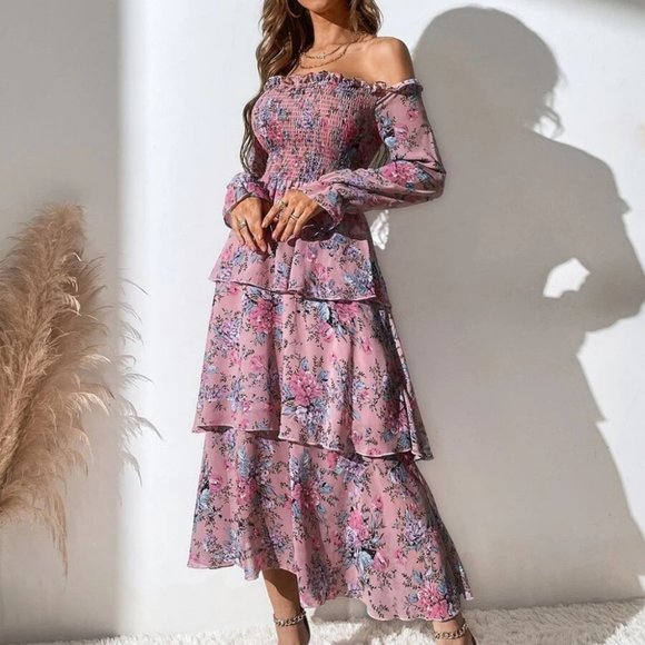 Shirred Layered Hem Floral Printed  Off The Shoulder Dress Dusty Pink - Picture 3 of 7